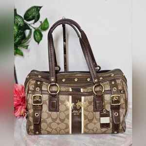 EUC Coach Heritage Stripe Double Zip  Leather Studded Brown Handbag